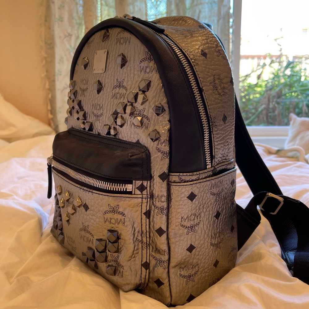 MCM Small Backpack in Silver Metallic w/ Studs